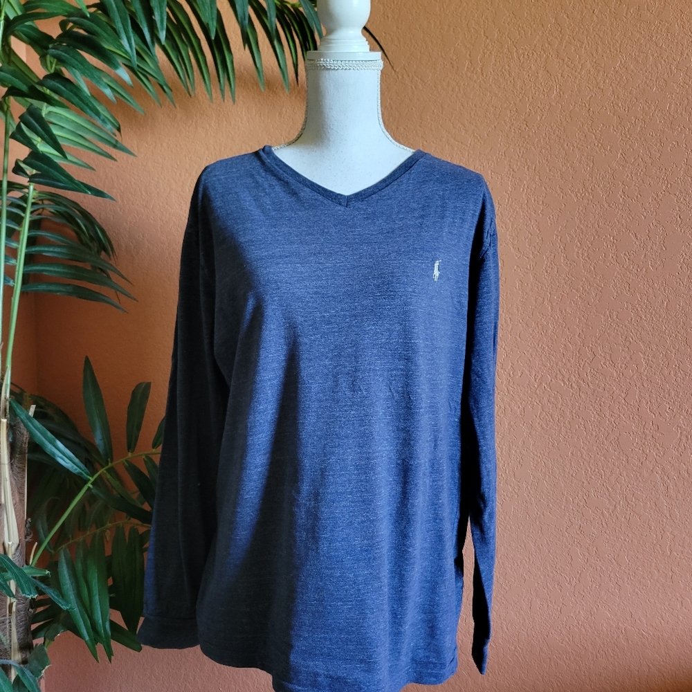 3/$25 Polo Ralph Lauren V Neck Long Sleeve Tee Shirt Large Unisex Blue Cotton